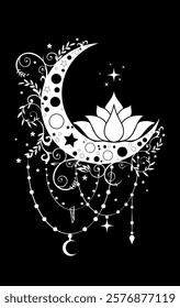 Mystical Crescent Moon and Sacred Lotus flower in boho style logo design. Floral magic celestial clipart of yoga, spa, beauty salon, cosmetics, relax, brand name, tattoo. Isolated on black background