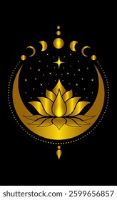 Mystical Crescent Moon and Sacred Lotus flower with Stars Moon Phases logo design. Gold magic celestial clipart of yoga, spa, beauty salon, cosmetics, relax, brand style. Isolated on black