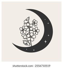 Mystical crescent moon with wildflowers