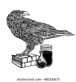 mystical crows zentangle style. magic items, poison, book. Good for T-shirt, bag, coloring book or whatever print. vector illustration. label can be removed