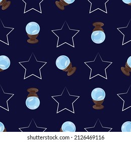 Mystical crystal ball and linear drawing star, props for fortune teller, witches. Vector image. Seamless pattern.