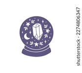 Mystical crystal ball vector illustration. Hand drawn fortune teller with gem, flower, moon, stars. Witchcraft anf spiritual clipart isolated on white background. Magical poster, esoteric sticker.