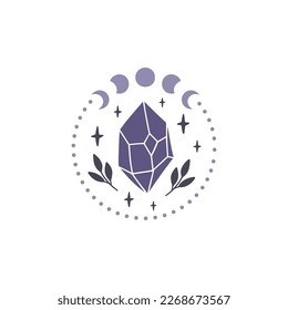 Cristal místico con ilustración vectorial de fase lunar. Símbolo mágico de brujería con estrella, elemento floral. Cartel de la camiseta de Boho, afiche celestial. La mano dibujó el concepto espiritual esotérico.