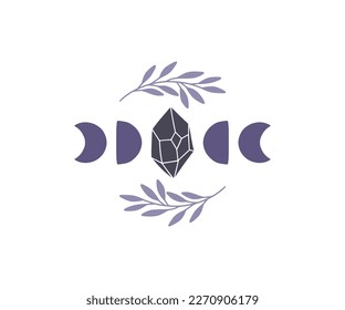 Mystical crystal with moon phase vector illustration. Witchy symbol, spiritual gemstone. Hand drawn boho poster, magical card, esoteric t shirt print.