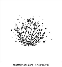 Mystical Crystal And Stars. Stars, Constellations, Moon, Crystals. Hand Drawn Astrology Symbol. For Print For T-shirts And Bags, Decor Element. Mystical And Magical, Astrology Illustration