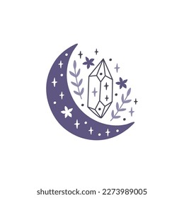 Mystische Kristall-Vektorgrafik. Celestial Boho Clipart. Hexerei Symbol Juwel mit Blume, Mond, Sterne. Magisches Element für Druck, Logo, Tattoo, spirituelle Aufkleber. Handgezeichnete Märchenzeichnung.