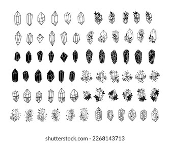 Mystical crystal vector illustration set. Magic witchcraft symbol gem with moon, star, fowers. Black boho clipart. Element for print, tag, tattoo, spiritual sticker. Hand drawn esoteric drawing.