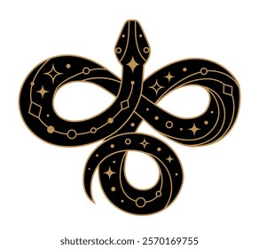 Mystical curled black snake silhouette with golden geometric design elements. Symbol of Chinese New Year 2025. Vector illustration isolated on transparent background