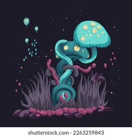 Mystical curved mushrooms with fantastic grass. Underwater sea fungi, creative crazy curle mushroom with magic plants. Fairy strange witch fungus illustration