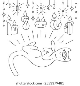 Gato lindo místico con velas. Ilustración de contorno en blanco y negro.