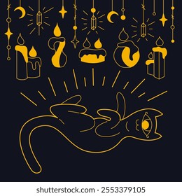 Mystical cute cat with candles color. Outline illustration.