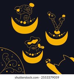 Mystical cute mushroom houses color. Outline illustration.
