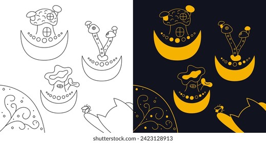 Mystical cute mushroom houses. Two-color and black and white outline vector illustration.