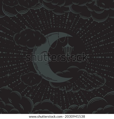 Mystical dark background including moon with face, lantern and moonbeams with stars, surrounded clouds. Vector illustration in retro style on black backdrop. Esoteric banner with magical crescent