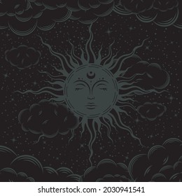 Mystical dark background including the sun with face and stars, surrounded clouds. Vector illustration in retro style on black backdrop. Esoteric banner with magical sign