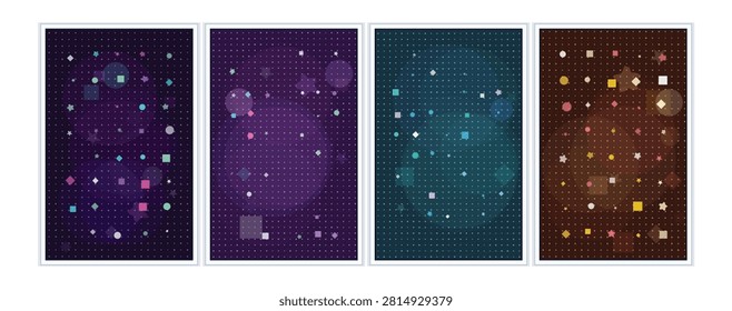 Mystical dark blue background with scattered glowing geometric shapes and soft bokeh circles creating a magical and enchanting digital art pattern for design.
