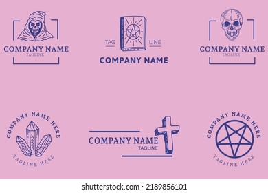 Mystical Dark Purple Minimalist Symbol Logo Template Pink Pastel Style Background.