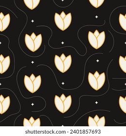 Mystical dark sophisticated floral seamless pattern with white and gold tulips