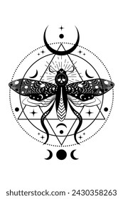 Polilla mortal mística en color negro oscuro. Luna creciente y diosa triple wiccan, mariposa con un cráneo. Geometría sagrada. Alquimia, magia, esotérico, signo oculto aislado sobre fondo blanco