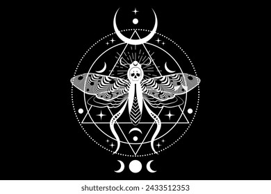 Polilla mortal mística en color negro oscuro. Luna creciente y diosa triple wiccan, mariposa con un cráneo. Geometría sagrada. Alquimia, magia, esotérico, signo oculto aislado sobre fondo negro