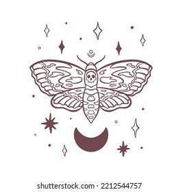 Mystical death's head hawkmoth with crescent moon and stars. Bohemian death moth with skull. Vector illustration isolated on white background