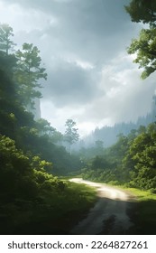 Mystical Deep Forest Illustration where a path gone through it. Digital Art Illustration.