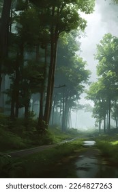 Ilustración mística de los bosques profundos donde se atravesó un camino. Ilustración de arte digital.