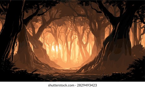 Mystical Deep Forest Pathway with Golden Glowing Light