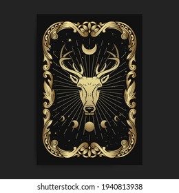 Mystical deer with engraving, hand drawn, luxury, esoteric, boho style, fit for paranormal, tarot reader, astrologer or tattoo