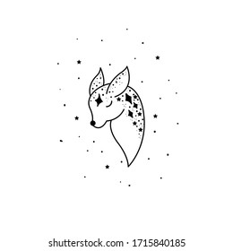 Mystical deer with moon and stars. Stars, constellations, moon. Hand drawn astrology symbol. For print for T-shirts and bags, decor element. Mystical and magical, astrology illustration