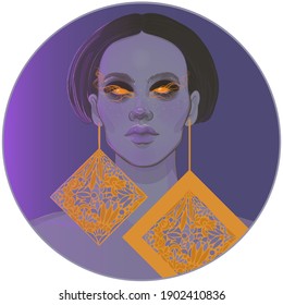 mystical demon girl vampire zombie with brightly glowing eyes and gorgeous large earrings
