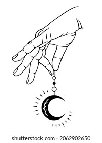 Mystical design with hand and moon. Magic vector illustration. A female hand holds a crescent moon. Witchcraft print.