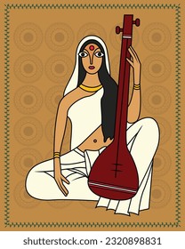 Mystical Devotion: Kalighat Art Honoring Meera, the Enchanting Mystic Poet and Devotee of Krishna. Kalighat Painting, Contemporary Art, Indian Paintings, Wall Paintings, Modern Art Paintings.   