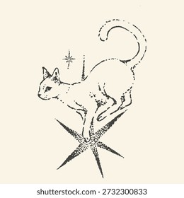 Un grabado místico angustiado retrata a un gato dinámico saltando elegantemente sobre una estrella celestial brillante.