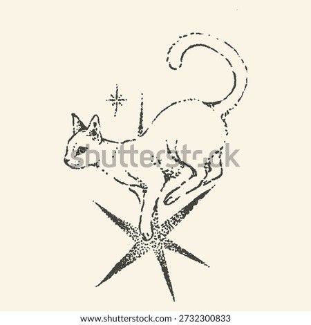 A mystical distressed engraving portrays a dynamic cat leaping gracefully onto a sparkling celestial star.
