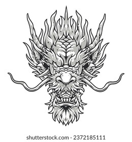 Mystical dragon logoype monocromo face con un monstruo fantástico con colmillos y bocinas para crear la ilustración del vector de la mascota del club de lucha