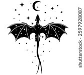 Mystical dragon silhouette with wide wings, moon, and stars. Black and white fantasy vector illustration for tattoos,cut file, prints, and digital designs. Boho style