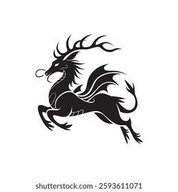 A mystical dragon stag hybrid in a black silhouette, combining elements of a majestic deer with dragon wings and antlers, perfect for fantasy-themed designs and illustrations.