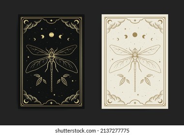 Dragonfly místico con fase lunar en grabado, dibujado a mano, lujoso, esotérico, estilo boho, apto para espiritualistas, religiosos, paranormales, lector de tarot, astrólogo o tatuaje