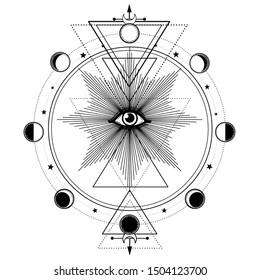 Mystical drawing: All-seeing eye, orbits of planets, phases of moon, energy circle. Sacred geometry. Alchemy, magic, esoteric, occultism. Monochrome Vector Illustration isolated on a white background