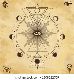 Mystical drawing: All-seeing eye, orbits of planets, phases of moon, energy circle. Sacred geometry. Background - imitation of old paper. Vector Illustration. Print, poster, T-shirt, postcard.
