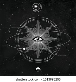 Mystical drawing: All-seeing eye, orbits of planets, energy circle. Sacred geometry. Alchemy, magic, esoteric, occultism. Background - black star sky. Vector illustration. Print, poster, T-shirt, card