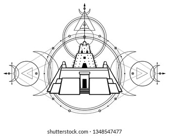 Mystical drawing - an ancient ziggurat, lunar symbols, energy circles, Sacred geometry. Alchemy, magic, esoteric, occultism. Monochrome Vector Illustration isolated on a white background.