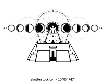 Mystical drawing - an ancient ziggurat on a  background of phases of the moon. Sacred geometry. Alchemy, magic, esoteric, occultism. Monochrome Vector Illustration isolated on a white background.