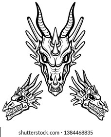 Mystical drawing: animation head of a dragon. Frontal and profile view. Alchemy, magic, esoterics, occultism, fairy tale.Vector illustration isolated on a white background. Print, poster, t-shirt