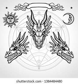 Mystical drawing: animation head of a dragon. Symbols of the sun and moon, vignette, alchemy circle  transformations. Magic, esoterics, occultism, fairy tale. Monochrome vector illustration.