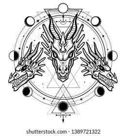 Mystical drawing: animation head of a dragon. Space symbols. Circle phase of the moon. Magic, esoteric, occultism, fairy tale. Vector illustration isolated on a white background.