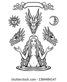 Mystical drawing: beautiful goddess holds the heads of dragons. Magic, esoterics, occultism, fairy tale. Monochrome vector illustration solated on a white background. Print, poster, t-shirt, card.