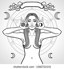 Mystical drawing: beautiful woman holds symbols of  sun and moon in hand. Background - circle of transformations, vignette. Alchemy, magic, esoteric, occultism. Monochrome Vector  Illustration