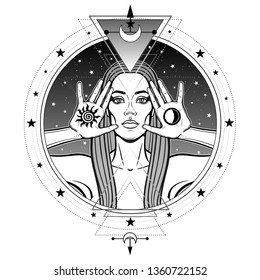 Mystical drawing: beautiful woman holds symbols of  sun and moon in hand. Background - star sky, Sacred geometry. Alchemy, magic, esoteric, occultism. Monochrome Vector Illustration isolated 